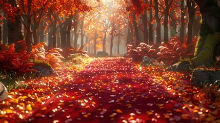Serene autumn pathway lined with vibrant foliage and a carpet of leaves under soft sunlight