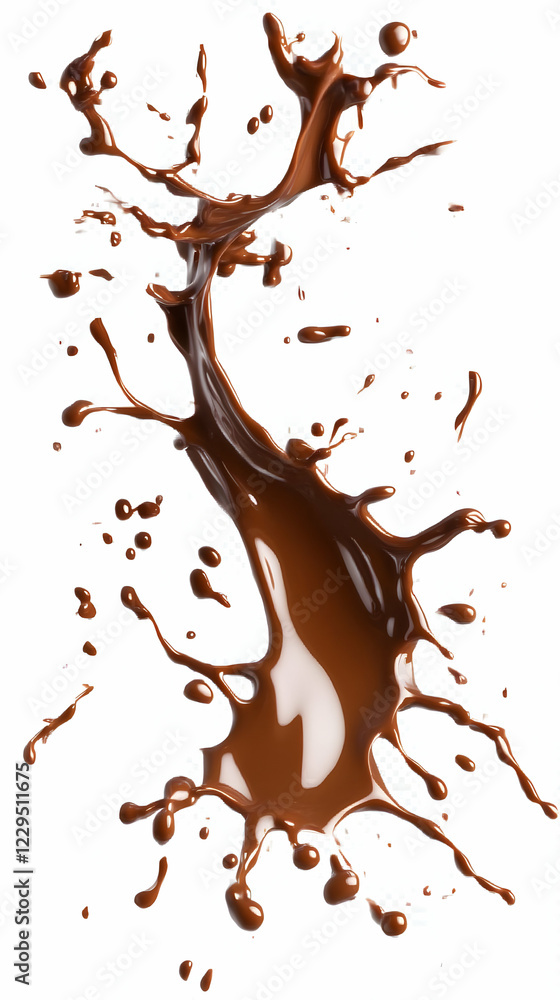 Poster dynamic splash of liquid chocolate creates an abstract design on white background
