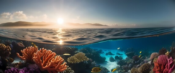 An expansive ocean view filled with colorful coral reefs glistening in the sunlight