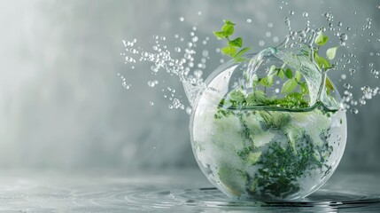 A glass bowl splashes water while containing fresh green herbs, set against a soft, blurred background