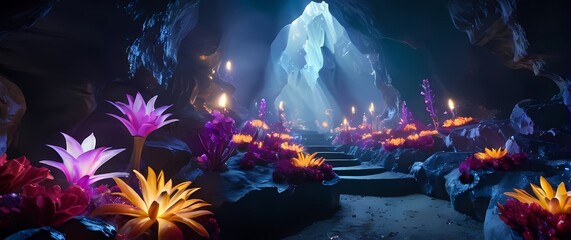 An exploration of enchanted caverns filled with glowing crystals and vibrant flowers