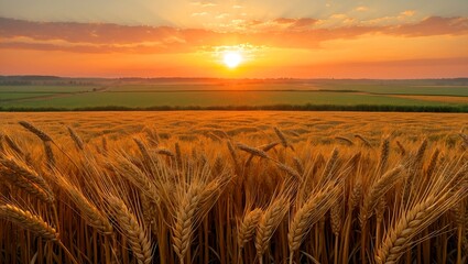 Obraz premium Golden sunset over tranquil wheat field horizon