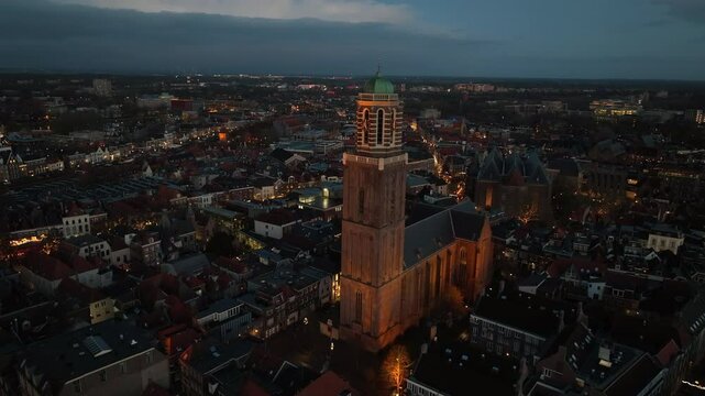 Zwolle downtown district during sunset seen from above during a winter afternoon at the Peperbus bell tower of the Basilica Onze Lieve Vrouw Tenhemelopname.