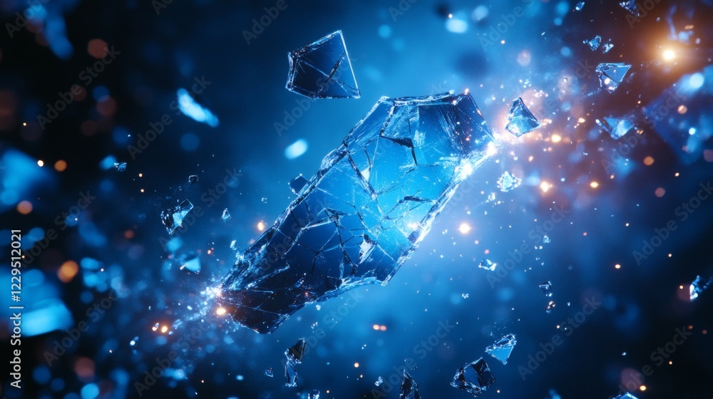 Poster chaotic spread of blue glasslike shards across a dark blue background forming a dynamic abstract pat