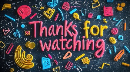 A vibrant and colorful thank you message with playful icons in a starry background, perfect for digital content creators and viewers