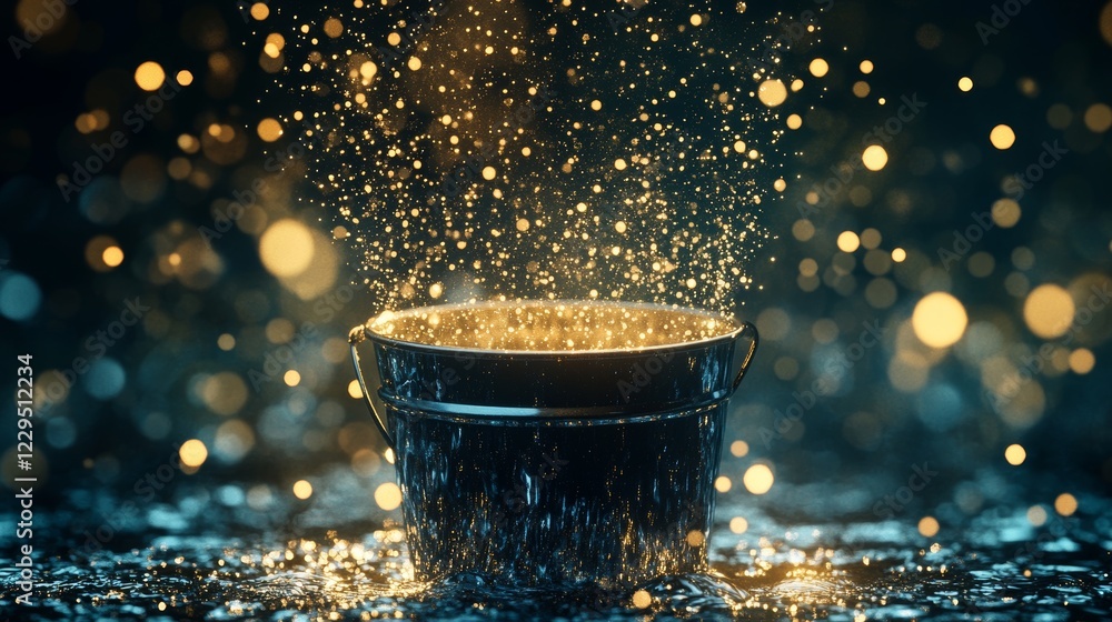 Poster a gold bucket is filled with glitter and is sitting on a wet surface. the glitter is falling out of 