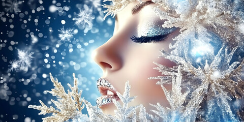 Winter Beauty Portrait with Sparkling Snowflakes Embellishments shows Elegance and Grace in a Frozen Wonderland