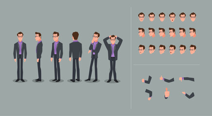 A business man character design model sheet with different poses and expressions. Vector illustration