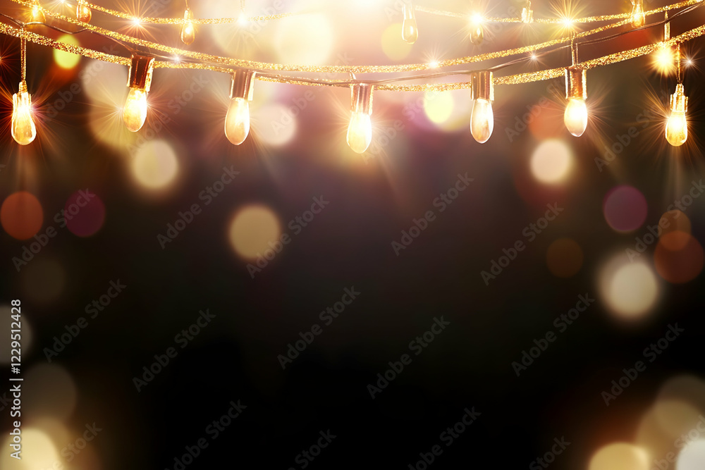 Poster glowing string lights illuminate a dark background with festive bokeh effect