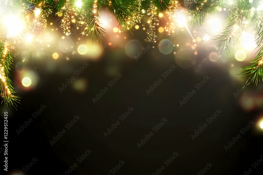Poster sparkling festive pine branches create a magical holiday background with golden lights and bokeh eff