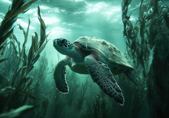 Fototapeta premium Majestic Green Sea Turtle Swimming Gracefully Through Lush Underwater Kelp Forest in Clear Ocean Water