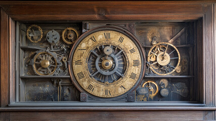 Intricate antique clock mechanism showcasing gears and dials, surrounded by wooden frame, highlighting craftsmanship