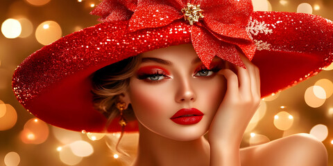 Glamorous Woman Wears Red Glittery Hat with Festive Makeup and Golden Lights Beautifully