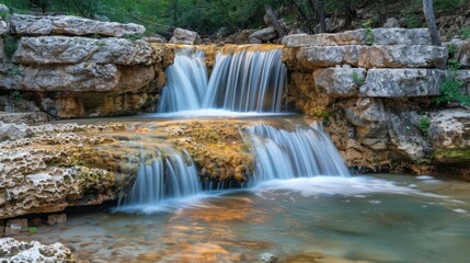 Serene waterfall cascading over rocky ledges in a lush green forest setting during golden hour