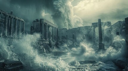Fototapeta premium Ancient ruins submerged by turbulent waves under a stormy sky, evoking a sense of chaos