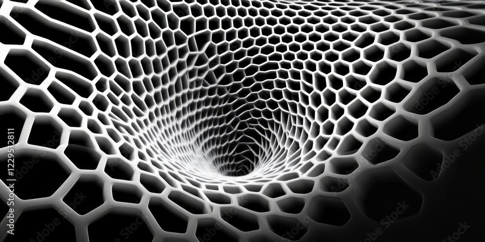 Poster a black and white image of a spiral with a hole in the middle. the image has a sense of depth and my