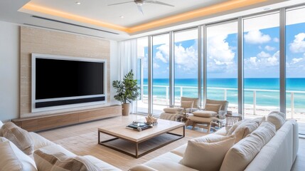 Fototapeta premium Luxury Beachfront Living Room with Ocean View
