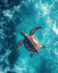 Obraz premium Majestic sea turtle gliding gracefully above vibrant turquoise waters in a serene marine environment, symbolizing oceanic beauty and wildlife conservation