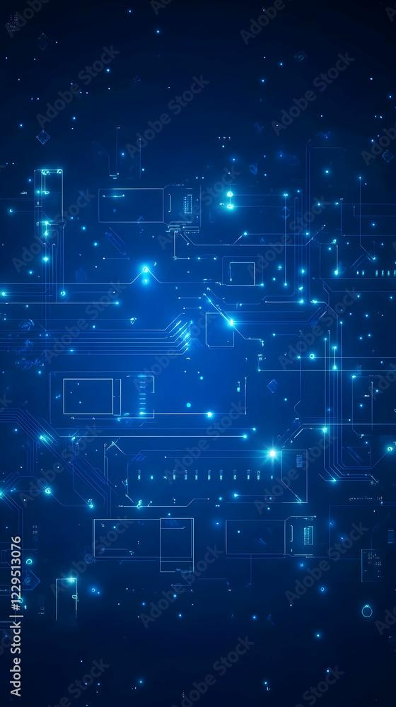 Poster abstract blue circuit board background illuminates digital data flow technology futuristic design.