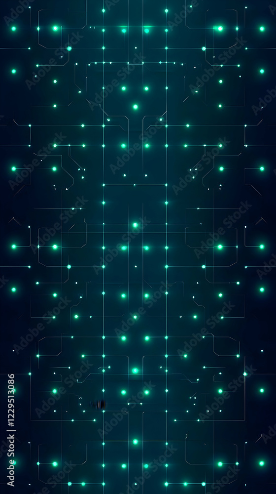 Poster glowing green circuit board pattern illuminates dark background with intricate design and technology