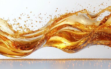 Golden liquid wave splashing on light background with sparkles