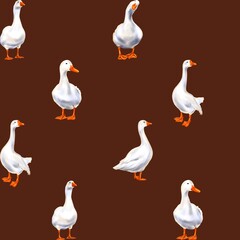Seamless pattern of white ducks on a brown background