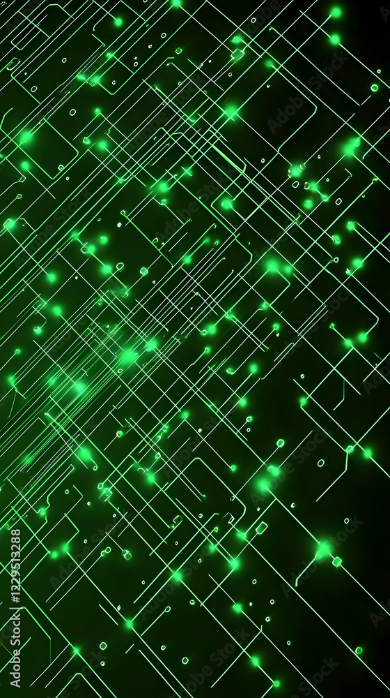 Poster glowing green circuit board pattern illuminates a dark background with intricate connections and nod