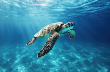 Obraz premium Majestic Sea Turtle Gliding Through Clear Ocean Water Beneath Sunlit Waves Revealing Vibrant Underwater Environment and Sparkling Blue Atmosphere