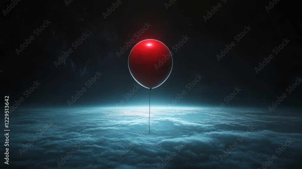 Poster a red balloon is floating in the sky. the balloon is in the middle of the sky and is surrounded by c