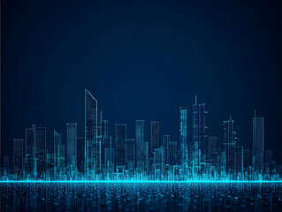 Fototapeta premium Futuristic Cityscape Shines Brightly on Dark Background with Reflective Water Surface