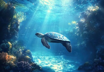 Fototapeta premium Majestic Sea Turtle Gliding Through Vibrant Coral Reef in Crystal Clear Ocean Water Under Soft Sunlight Beams Creating Dreamy Underwater Scene
