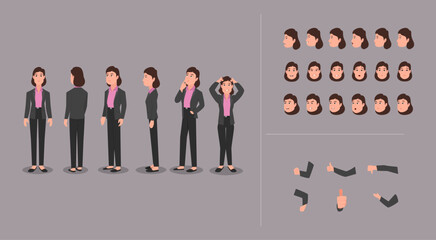 A business woman character design model sheet with different poses and expressions. Vector illustration