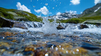 Obraz premium Splashing water creates ripples in a serene mountain stream under a clear blue sky