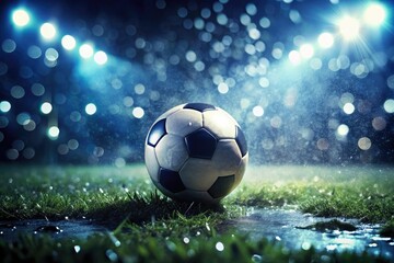 Naklejka premium Under floodlights, glistening grass, a football game unfolds in low light.