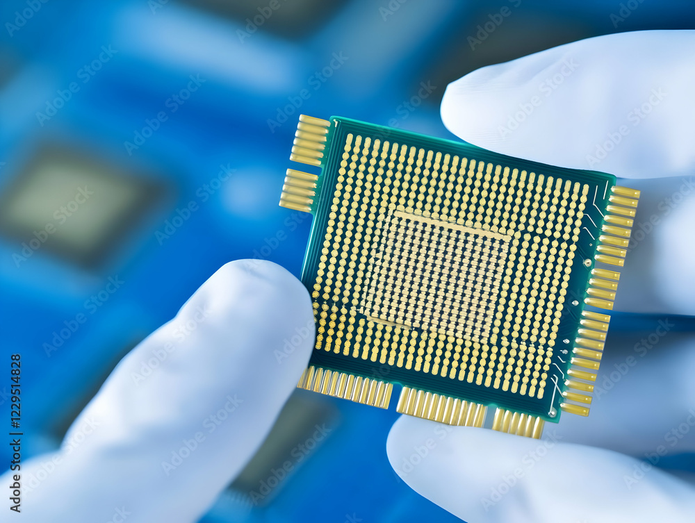 Poster gloved hands holding a computer processor chip on a blue background with other chips