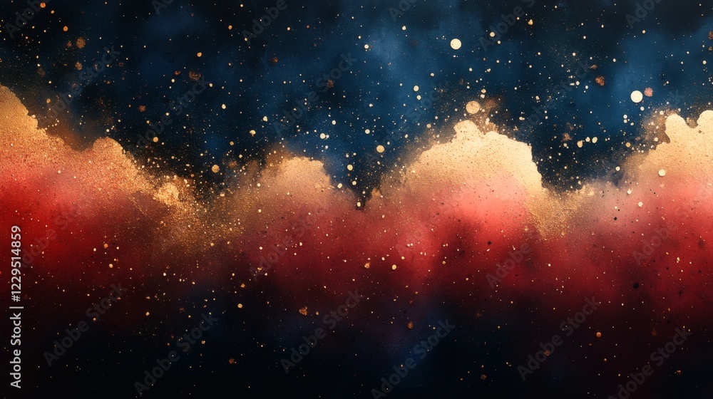 Aufkleber dramatic abstract background with scattered ink splatters in bold colors like red gold and navy blue