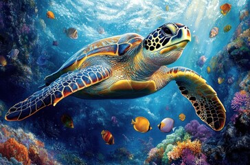 Fototapeta premium Majestic Sea Turtle Gracefully Swimming Through Vibrant Coral Reef Surrounded by Colorful Tropical Fish in Clear Blue Ocean Waters