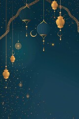 Fototapeta premium Navy Ramadan lantern border with crescent