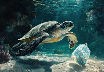Fototapeta premium Majestic Sea Turtle Navigating Underwater with Plastic Trash in Marine Habitat, Highlighting Ocean Pollution and Wildlife Impact, Conservation Awareness