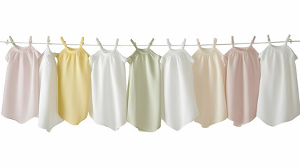 Pastel-Colored Dresses Hanging on a Clothesline Against a White Background