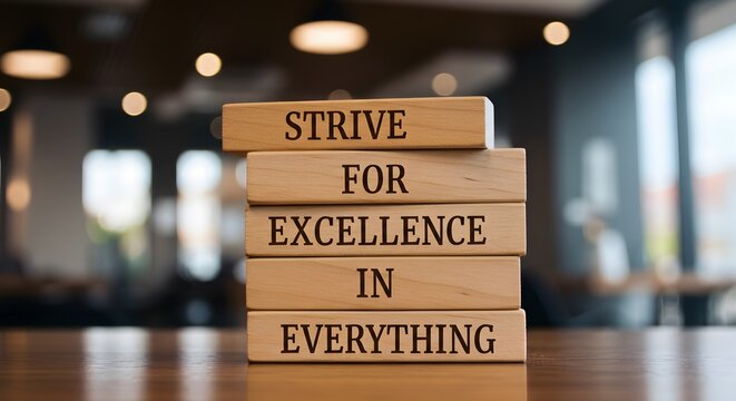 Four wooden blocks stacked on a white surface read "STRIVE FOR EXCELLENCE IN EVERYTHING" in dark brown serif font. The blurred background suggests an office, emphasizing motivation, ambition