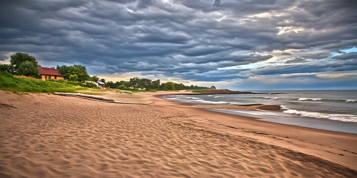 Sandy beach meets rolling waves under a dramatic cloudy sky with a cozy house nestled nearby