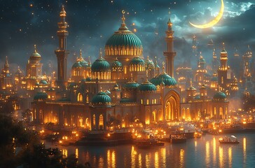 Obraz premium Illuminated Fantasy Cityscape with Domes and Spires Beneath a Crescent Moon