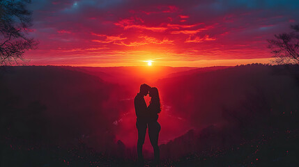 Fototapeta premium Couple silhouetted at sunset, valley view, romance, love, travel