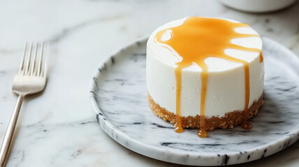 Luxurious vanilla cheesecake with golden caramel drizzle on marble plate. This dessert is perfect for special occasions and indulgent treats