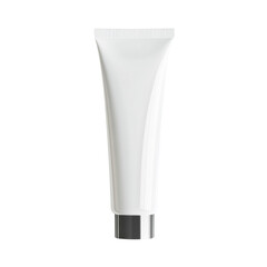 A clean white cosmetic tube with a silver cap is shown against a black background; it is a product packaging mockup.