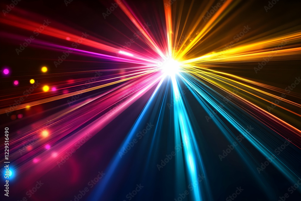 Poster abstract light beams burst from central point with vibrant colors and bokeh effect