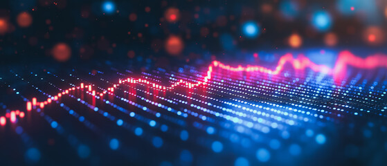 Market Volatility: Abstract visualization of a dynamic stock market graph with fluctuating red and blue lines, representing market trends and data flow.