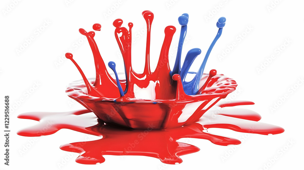Poster Red and Blue Paint Splash Explodes Dynamically on White Background
