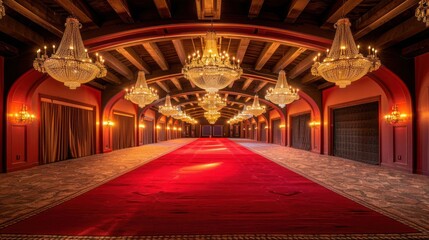 Obraz premium Elegant ballroom interior with chandeliers, red carpet, and decorative walls, perfect for events
